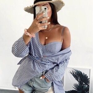 ZARA Two Piece Shirt Bralette Set Striped Blue Red White Wrap Tie Waist X-Small